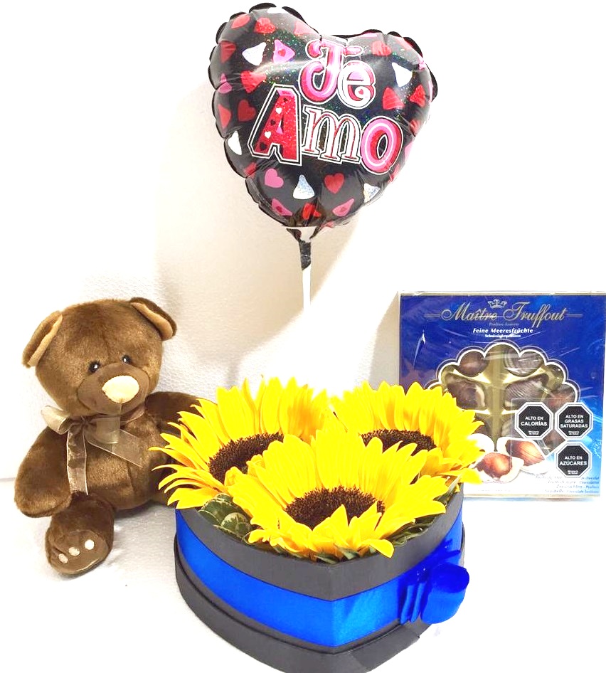 Caja Corazn 3 Girasoles, Bombones de 250 Gramos, Peluche 19 cm y Globito